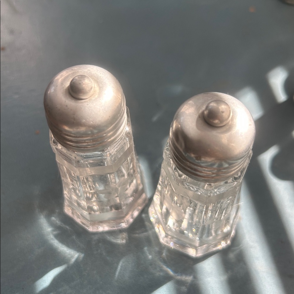 Vintage Glass Salt and Pepper Shakers with Silver Tops - Picture 2 of 4